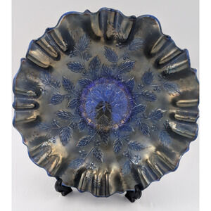 Fenton Carnival Glass Blue Holly Berries Bowl 9.5" Ruffled